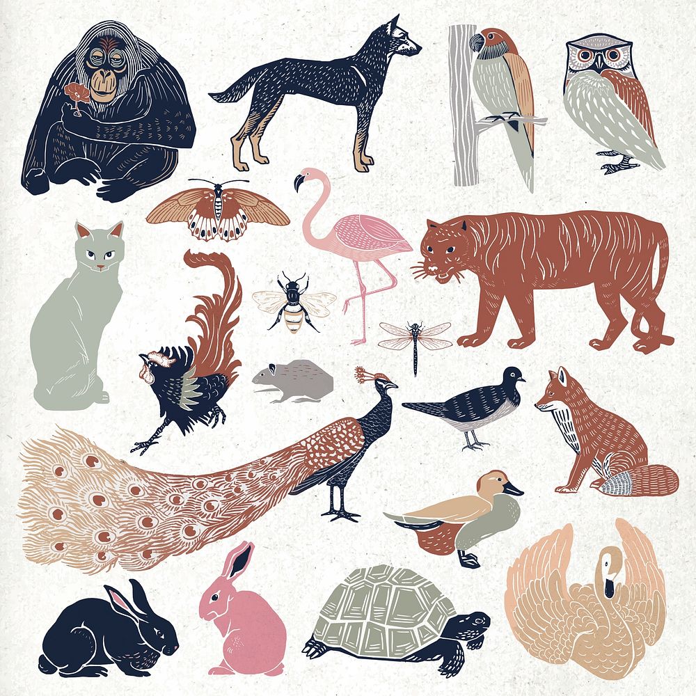 Vintage wild animals vector linocut drawing set