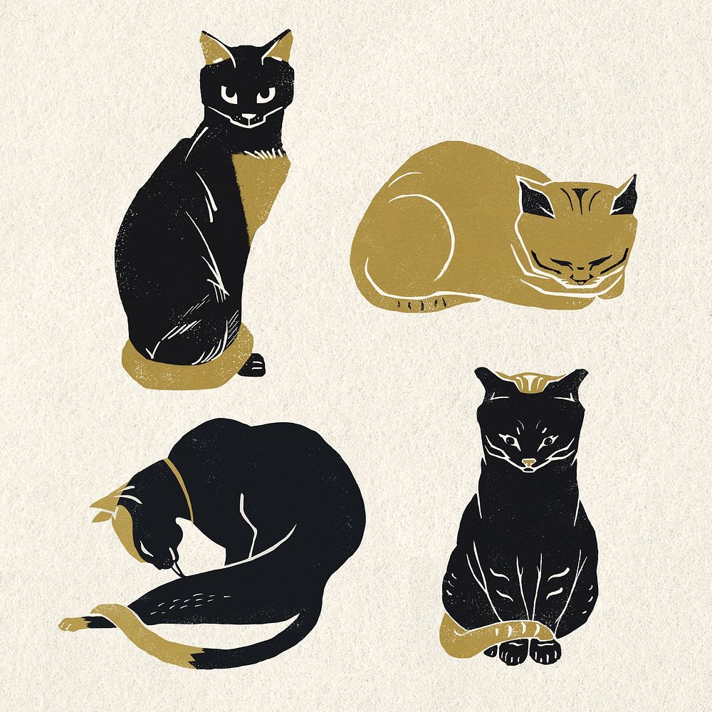 Cats animal vintage gold black linocut illustration set