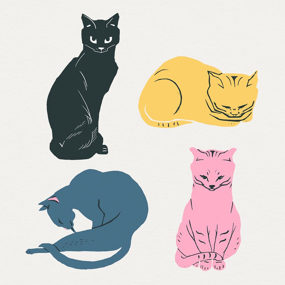 Vintage cats animal hand drawn illustration set