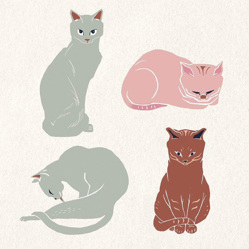 Vintage cats drawing linocut style set