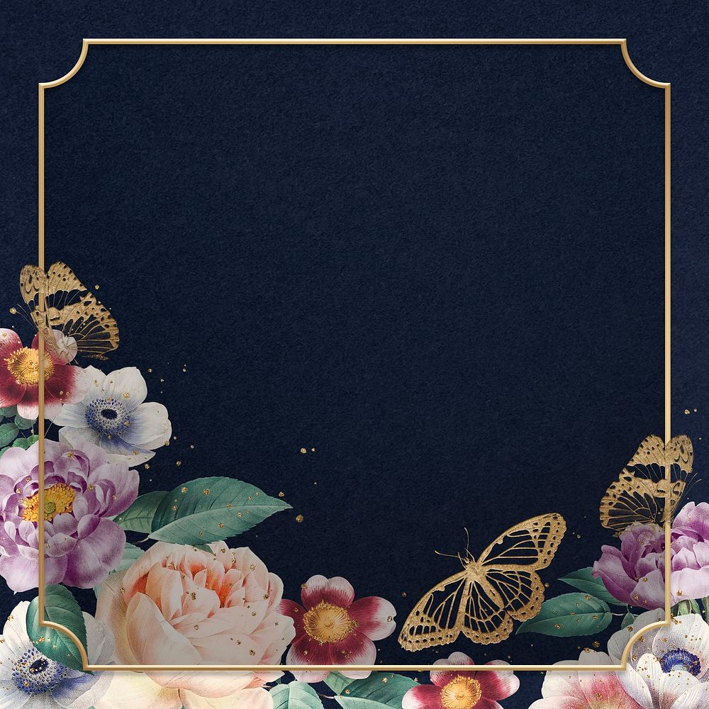 Floral colorful peony gold frame watercolor navy blue background