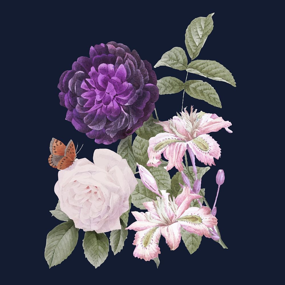 Vintage purple vector guerin's rose flowers bouquet illustration