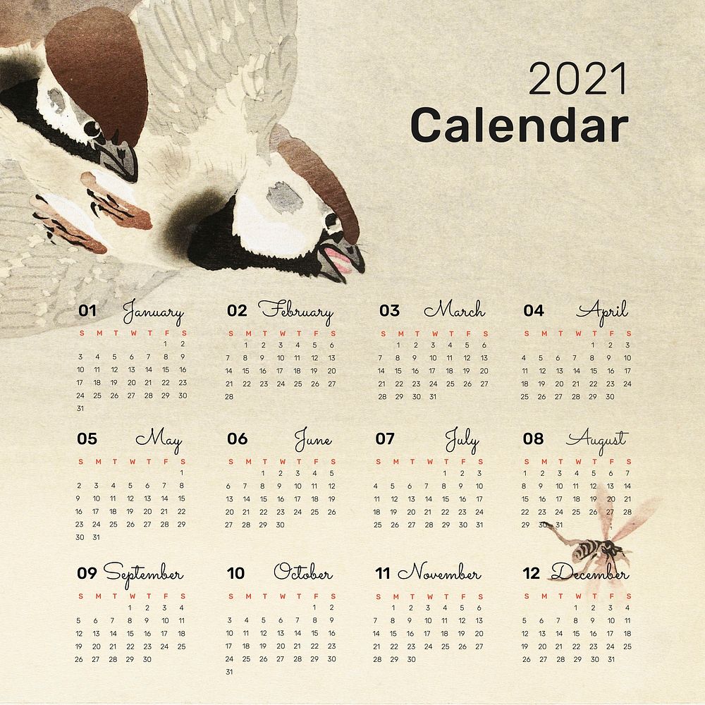2021 calendar printable set ring sparrows in snow remix from Ohara Koson