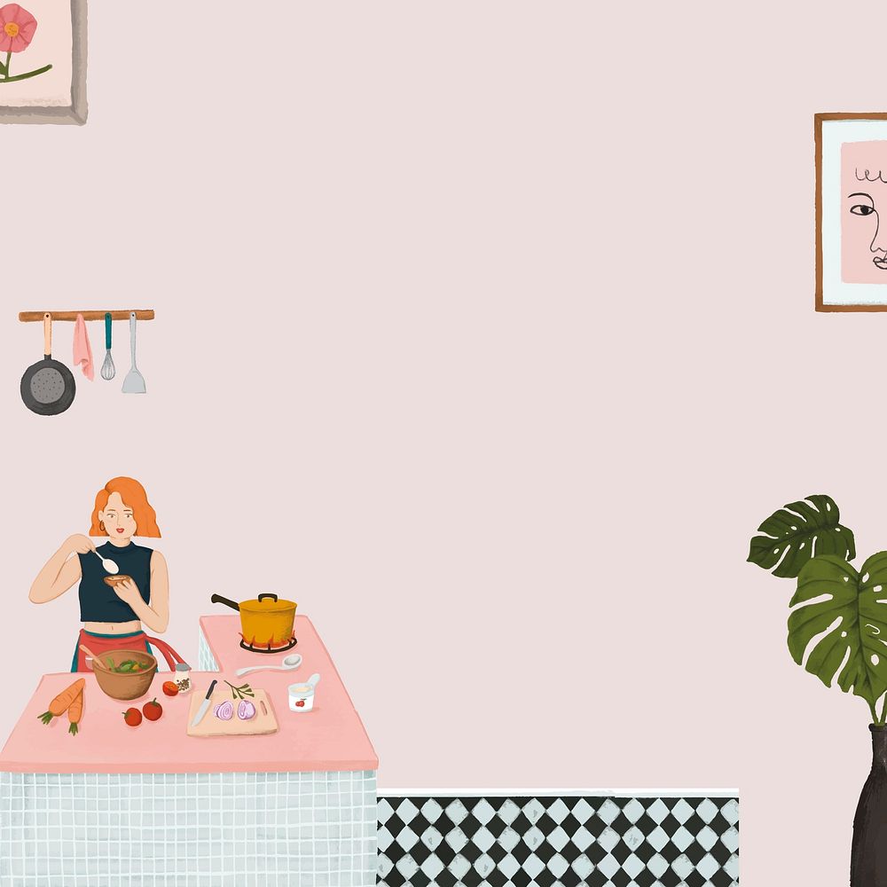 Girl cooking pink background cute lifestyle drawing