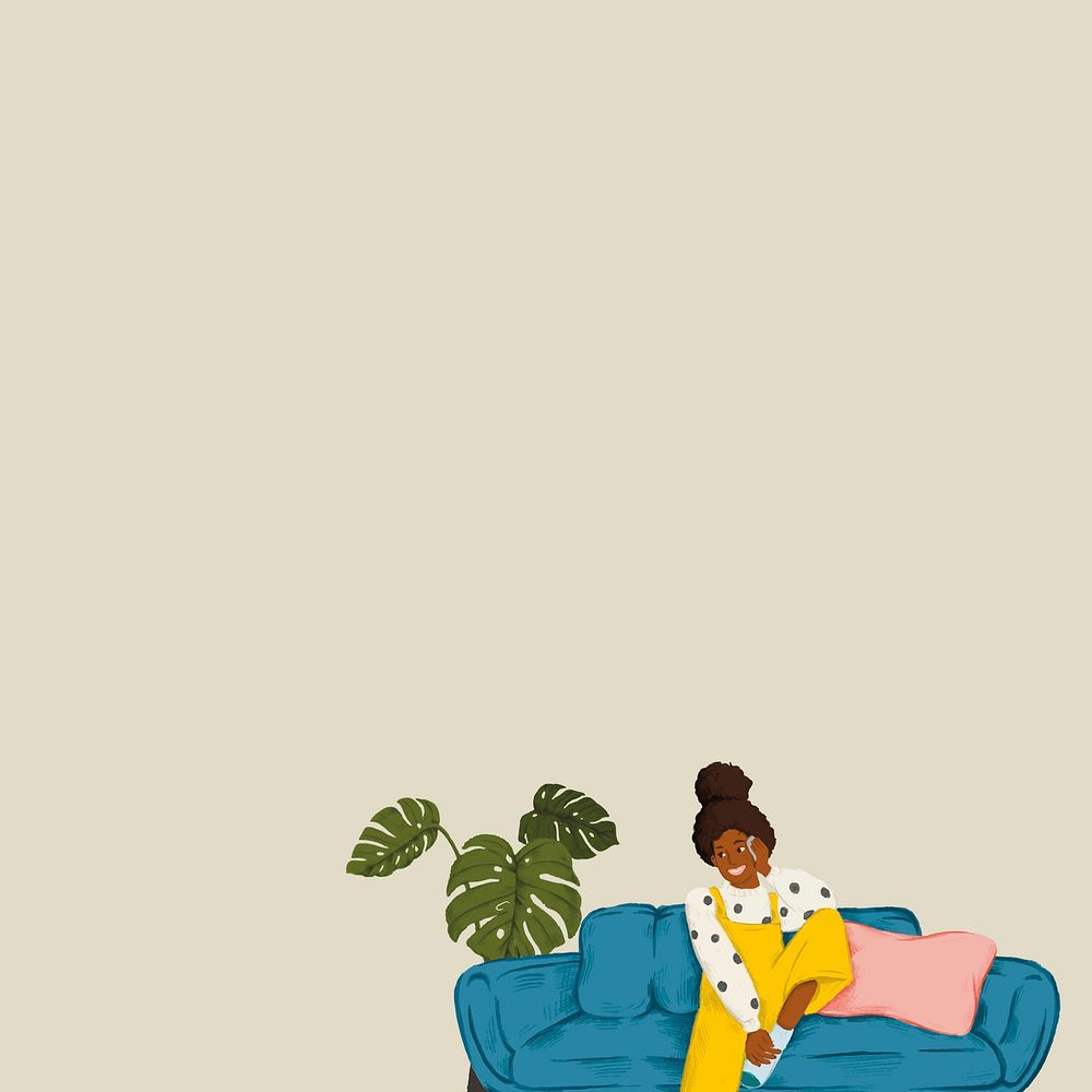 Girl on couch green background vector cute lifestyle drawing with design space