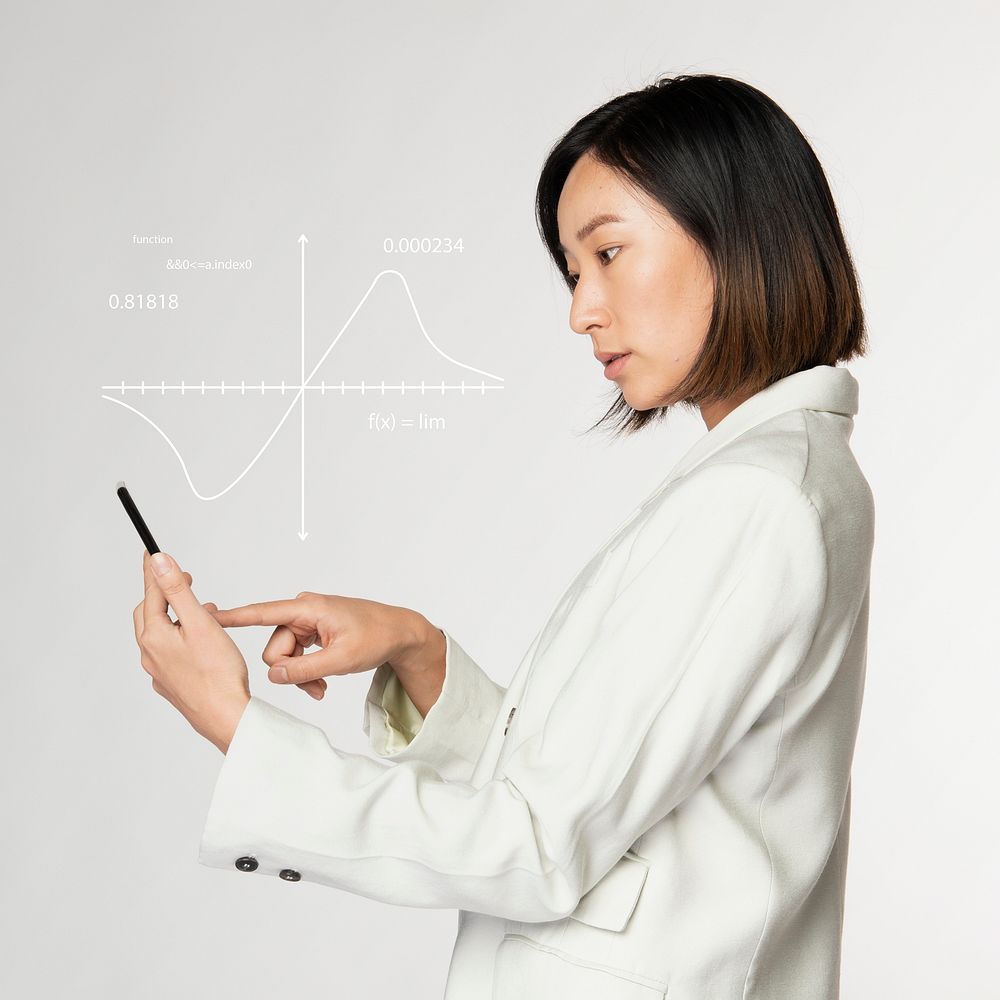 Futuristic digital presentation by a businesswoman in white suit
