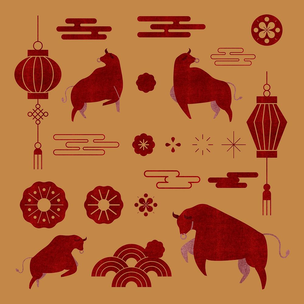 2021 Chinese New Year psd Ox red illustration collection