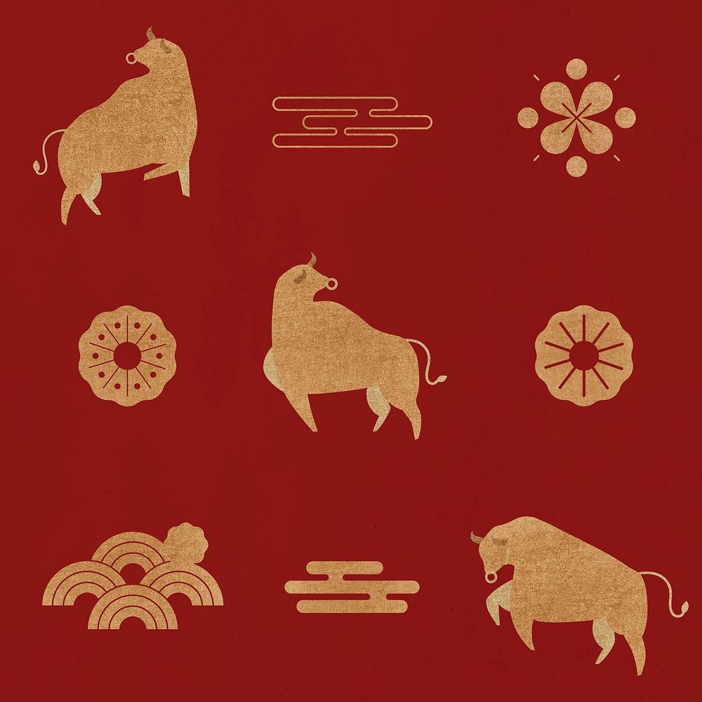 2021 Chinese New Year psd Ox golden illustration set