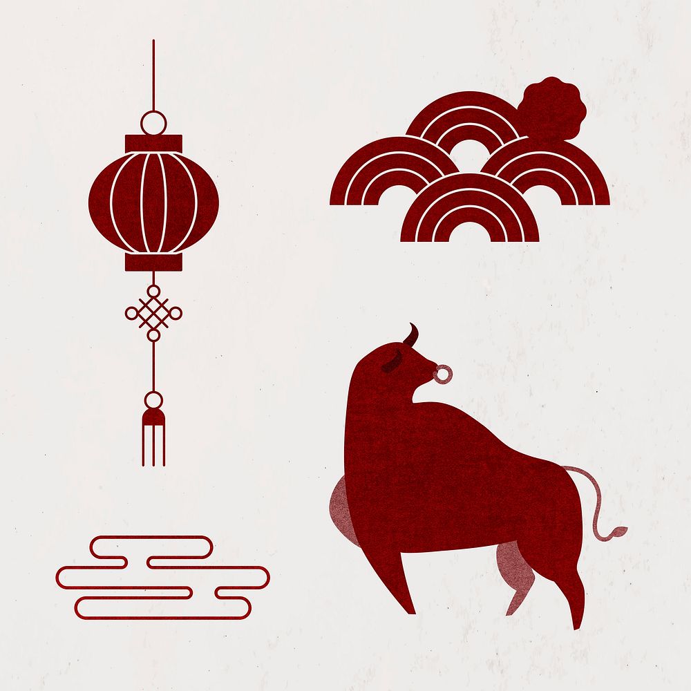 Lunar New Year 2021 psd Ox red stickers set