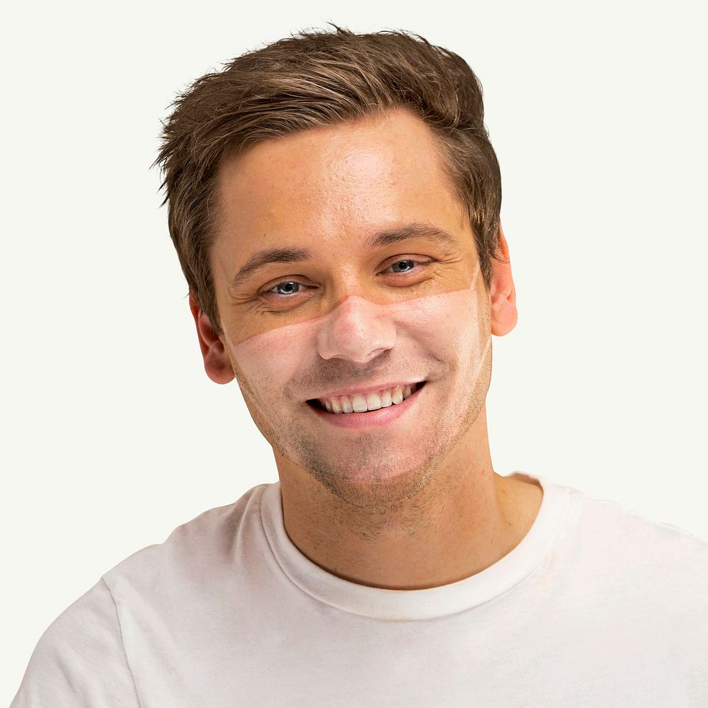 Man face with mask tan line on white background