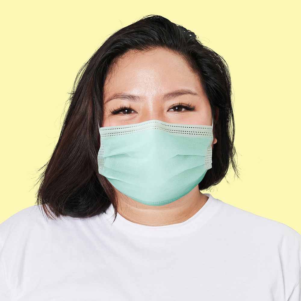 Woman wearing mask face closeup Covid-19 photoshoot on yellow background