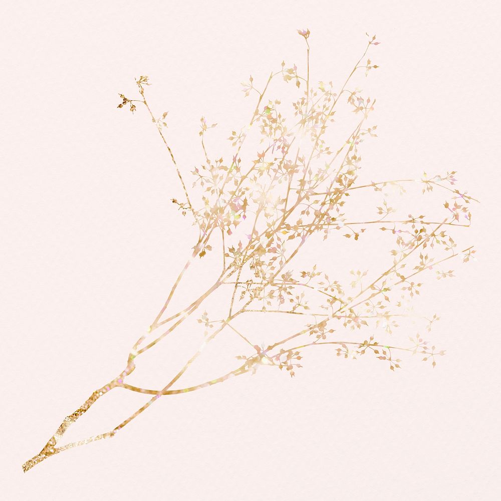 Glittery gold leaf branch on pink background