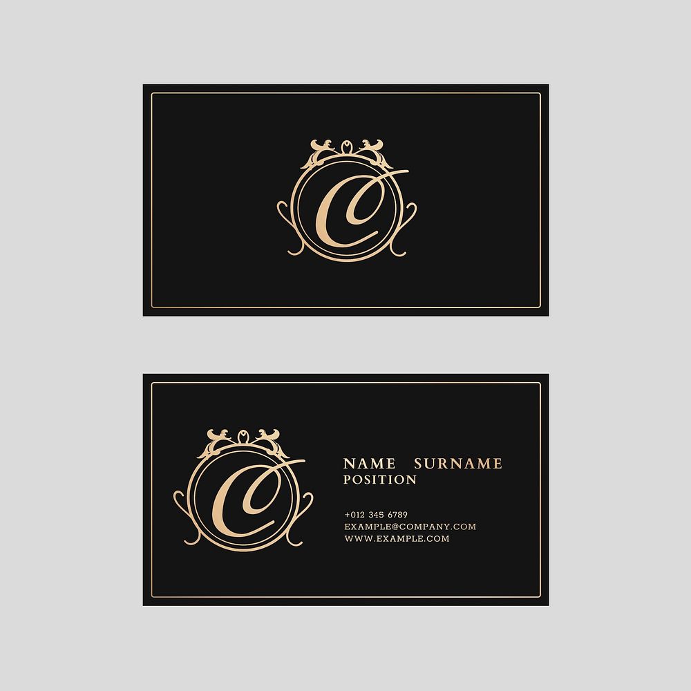 Luxury business card template vector in gold and black tone with front and rear view flatlay