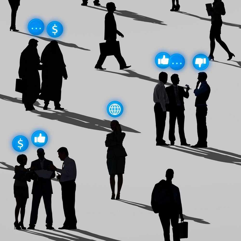 Business people networking in silhouette social media remix