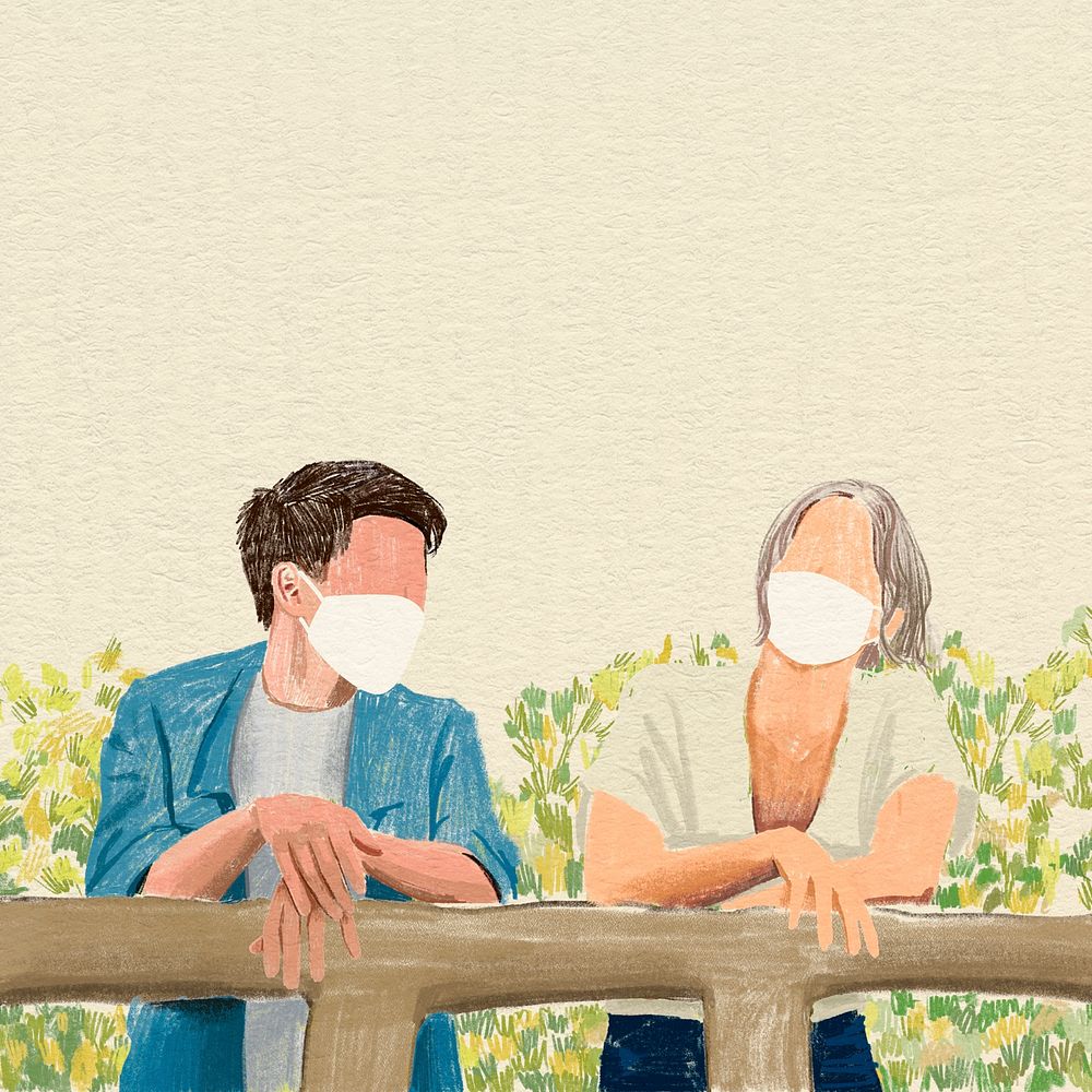Couple with mask background in the new normal color pencil illustration