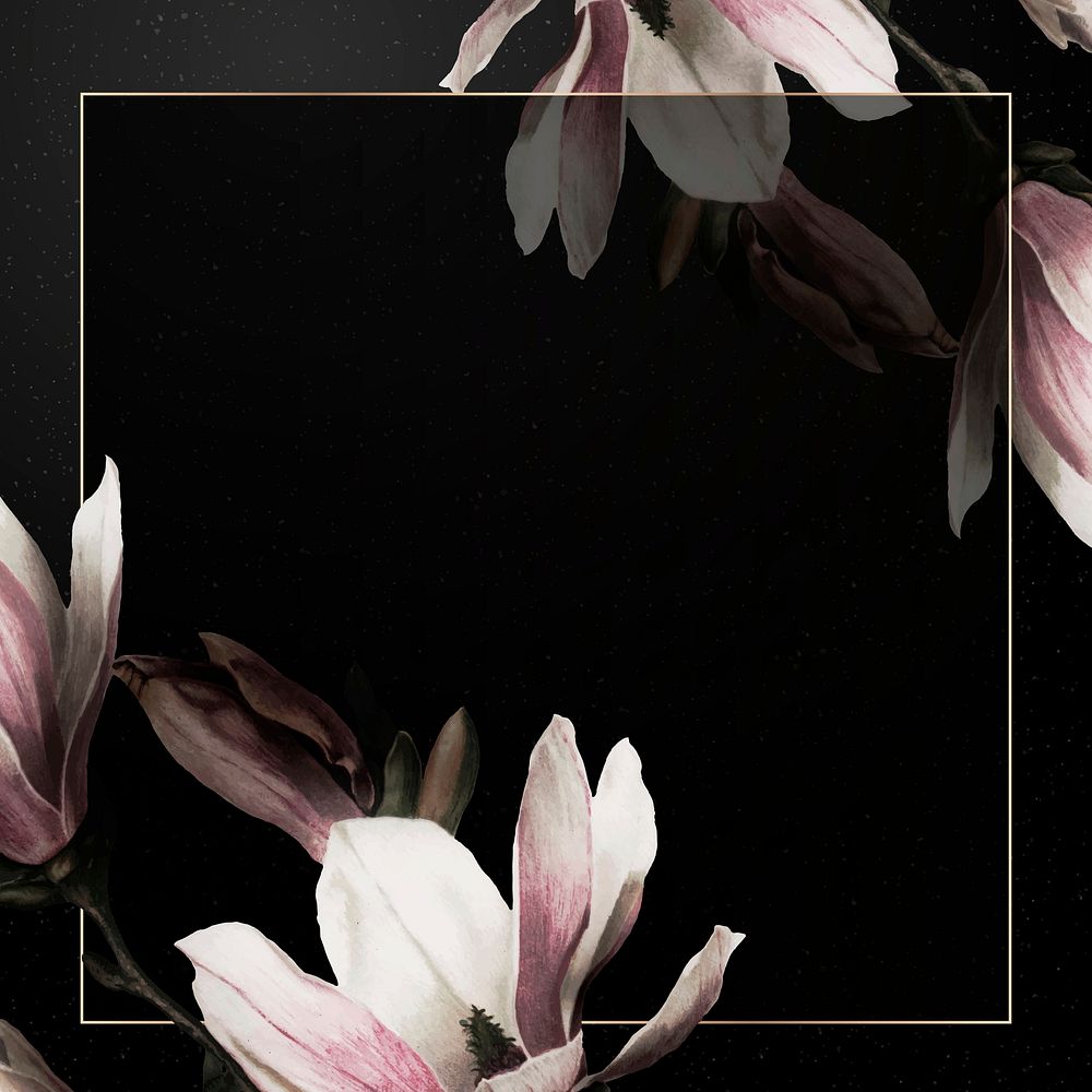 Magnolia border frame vector on black background