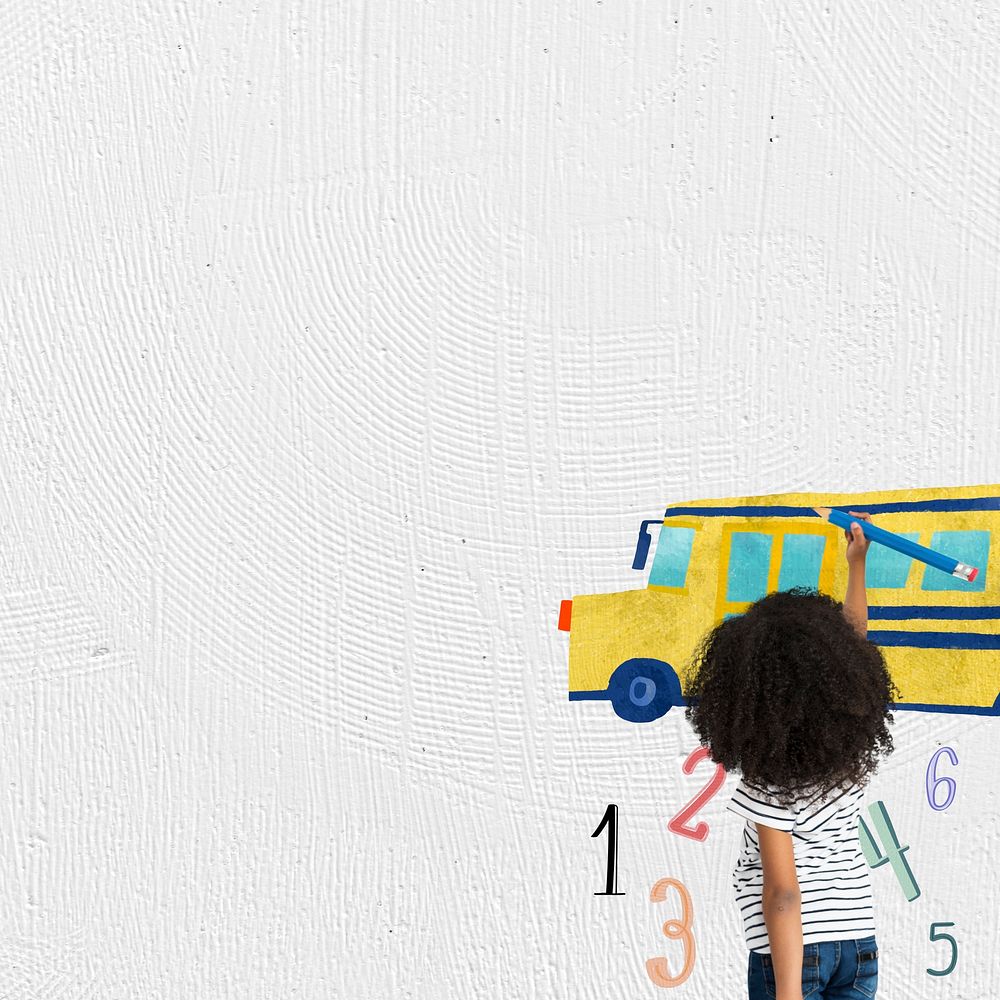 Grade school education background with student drawing a school bus