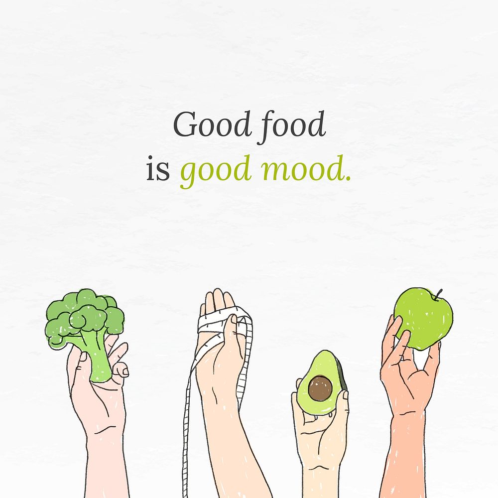 Good food is good mood with green fruits and vegetables illustration social media post