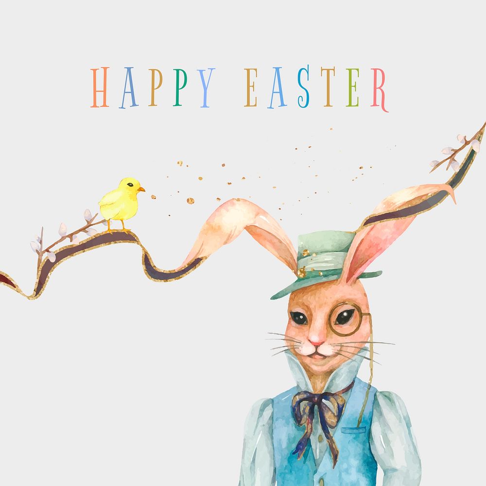 Happy Easter bunny vintage pastel watercolor greeting on gray background social media post