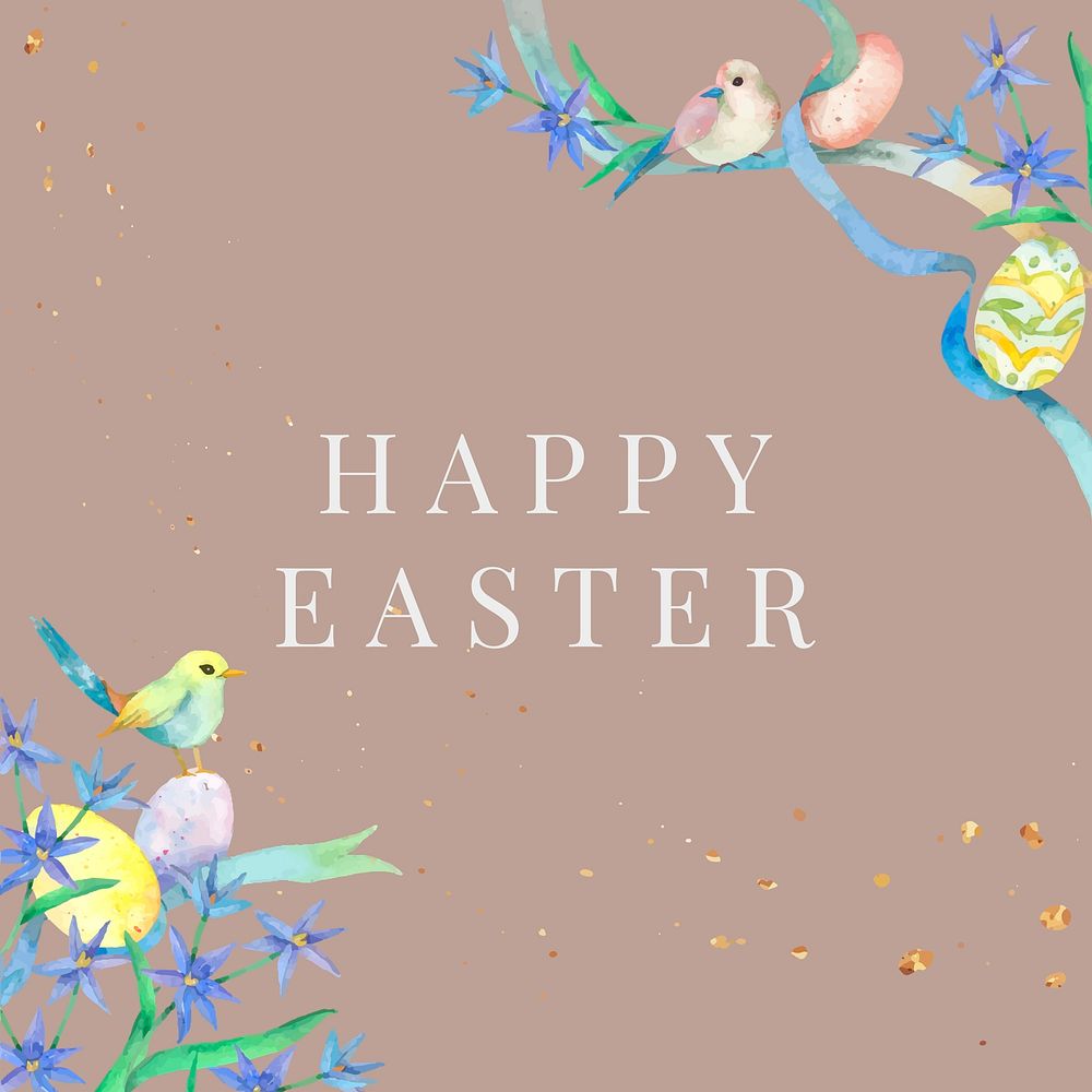 Happy Easter cute watercolor eggs and birds brown social media post