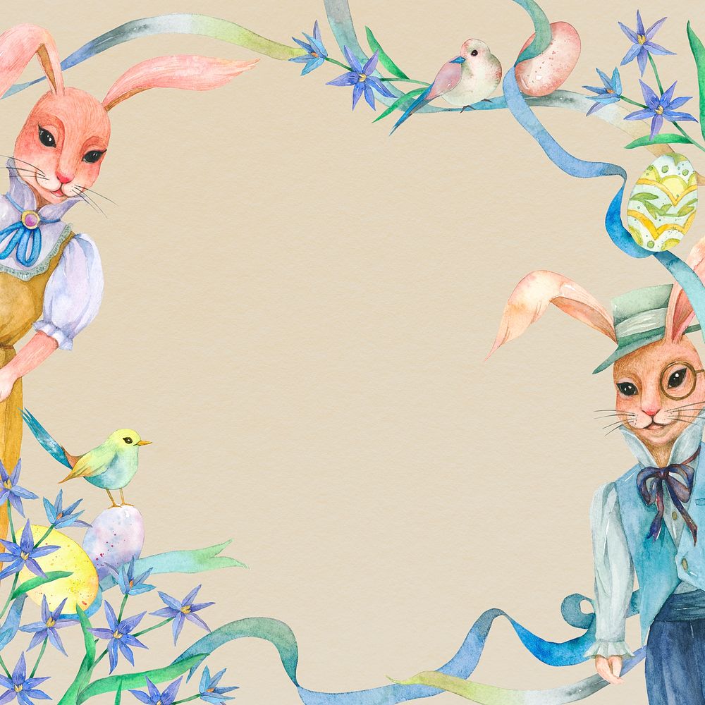 Beige Easter Festival frame with rabbit couple in the garden 