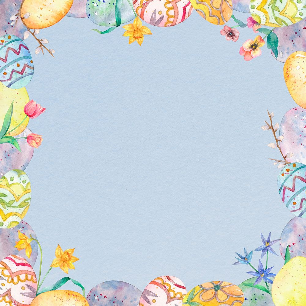 Colorful Easter eggs frame on blue background cute watercolor illustration 