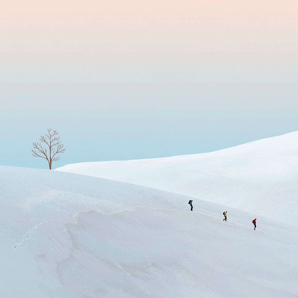 Creative background  of minimal winter landscape with people hiking