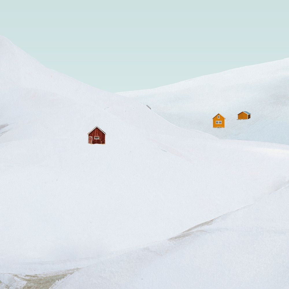 Creative background of minimal snow-covered mountain with cabins