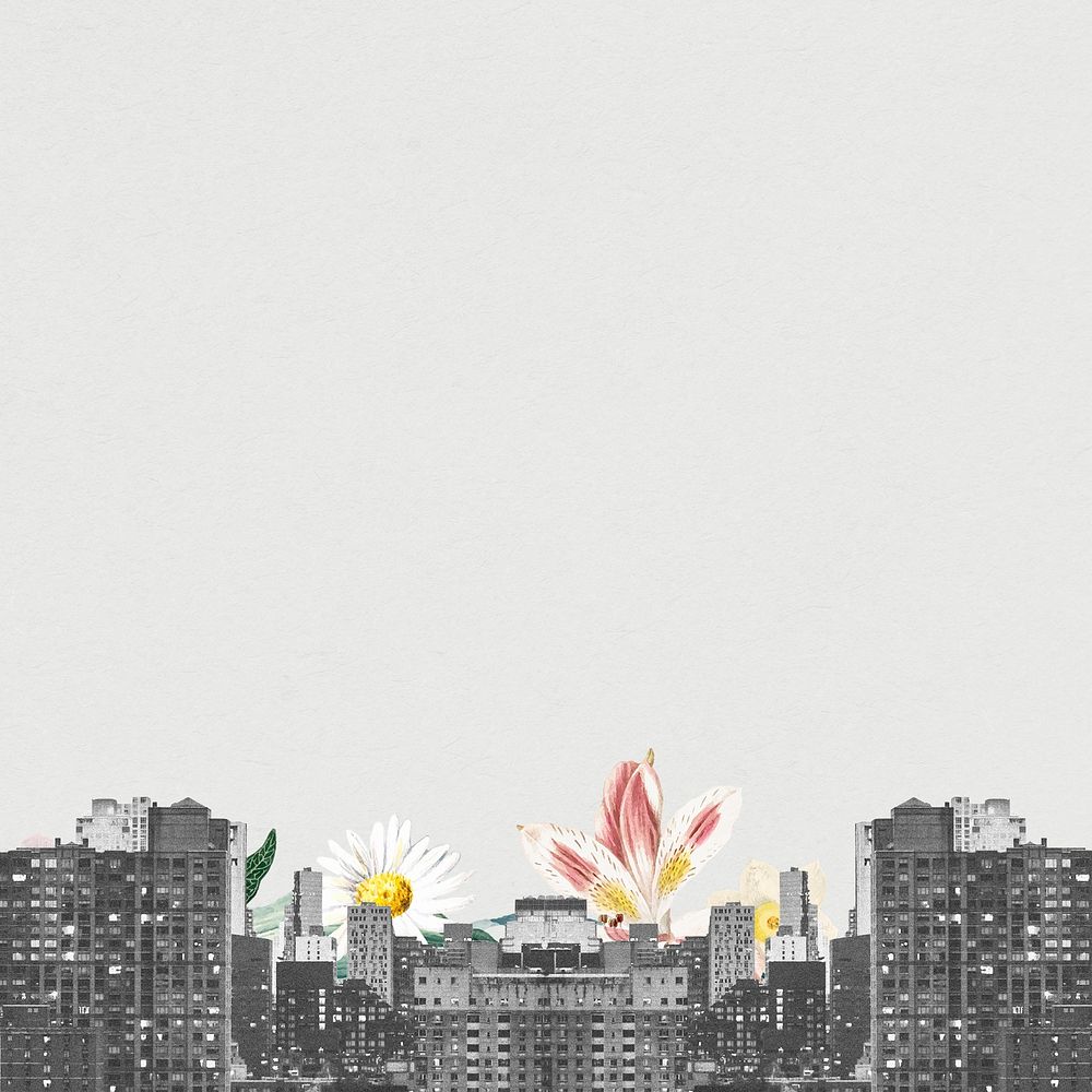 Creative background psd of grayscale cityscape and flowers remixed media design space
