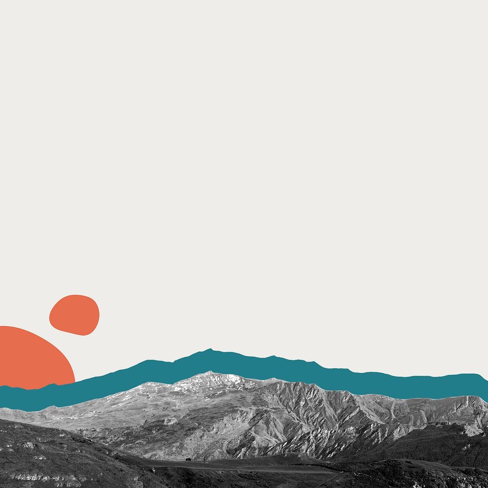 Creative background of abstract mountain range with sun remixed media design space