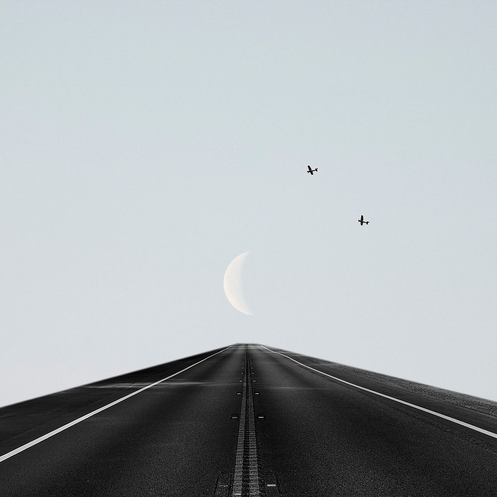 Abstract background of road to the moon with birds flying