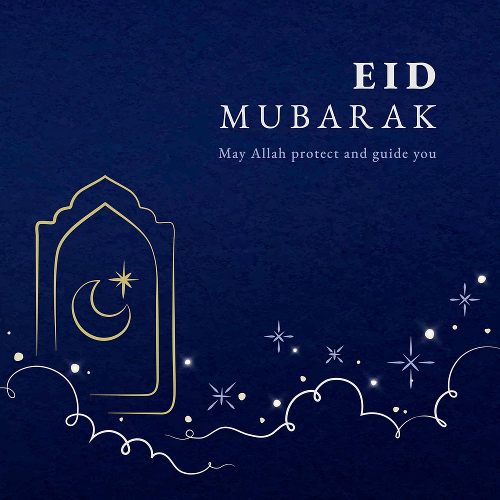 Eid mubarak editable template vector for social media post with crescent moon on blue background