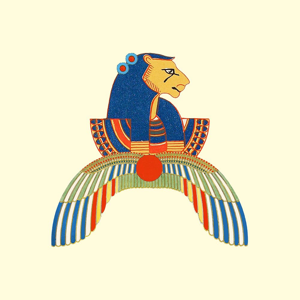 Egyptian Maahes lion headed god illustration, remixed from public domain artworks