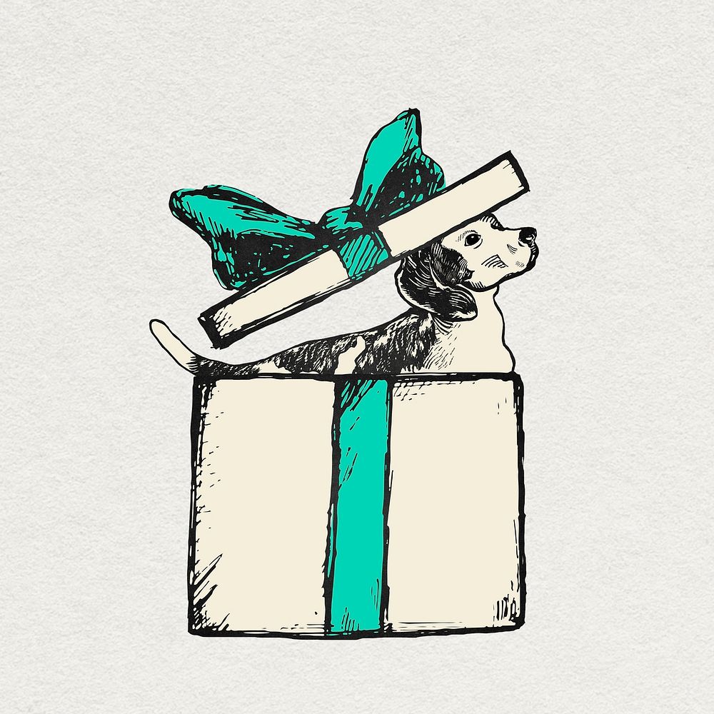 Cute beagle dog in birthday gift box vintage illustration
