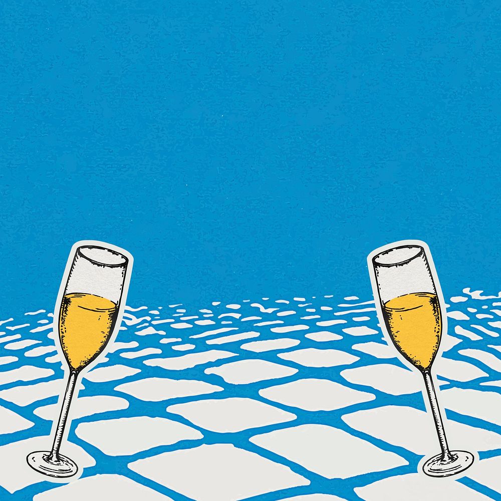 Blue celebration background vector with champagne glasses in vintage style