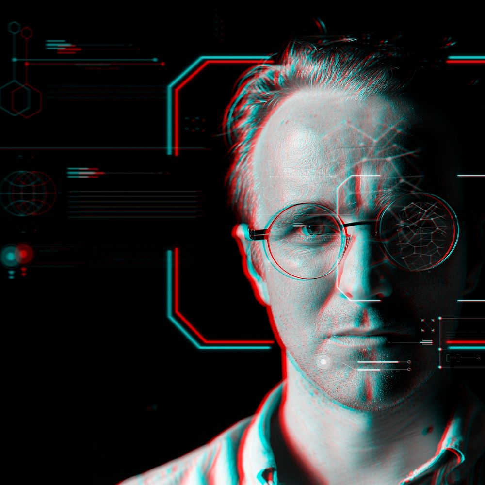 Man wearing smart glasses behind the virtual scanning technology in double color exposure effect