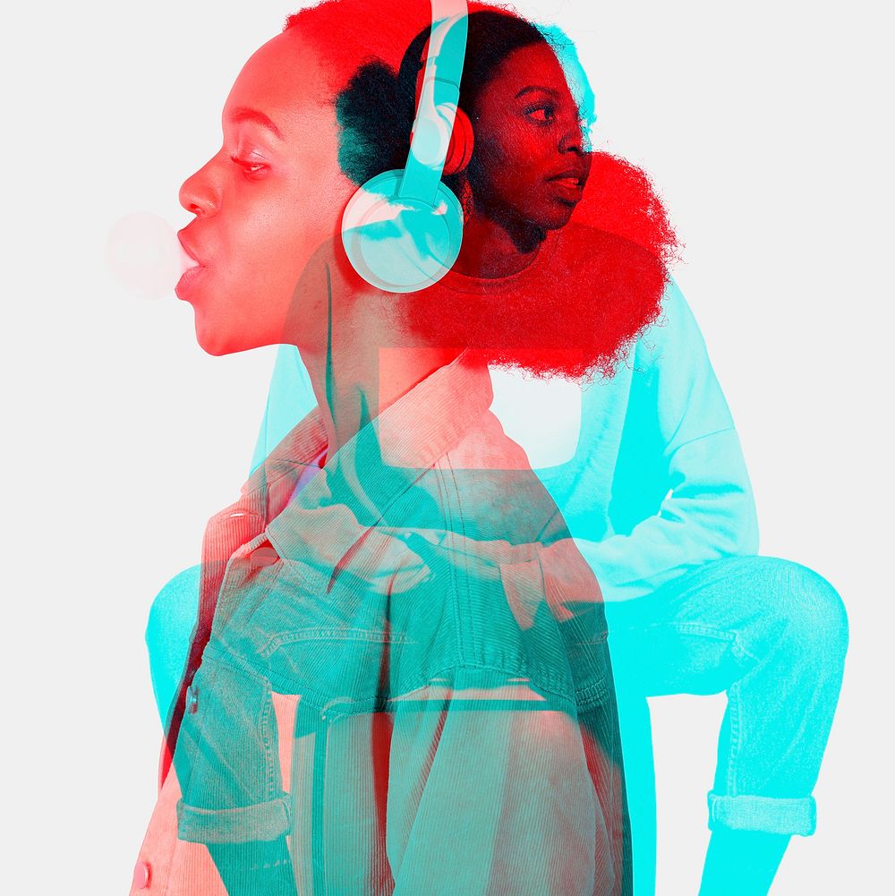 Woman listening to music in double color exposure effect