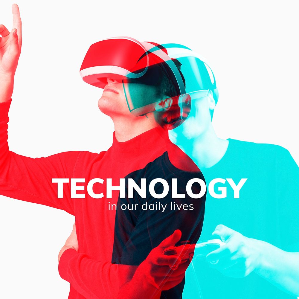 Man wearing VR headset smart technology in double color exposure effect