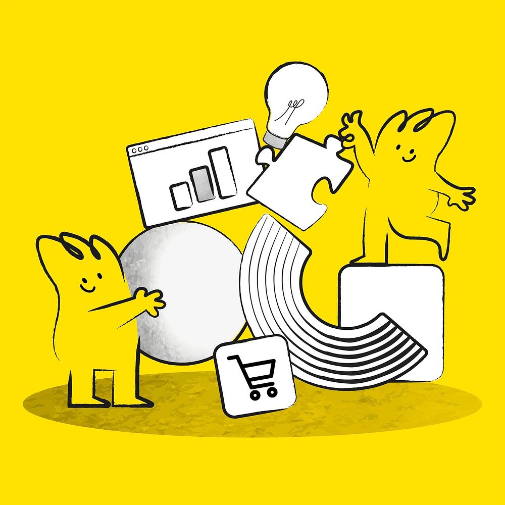 Online business management psd with doodle avatars yellow illustration