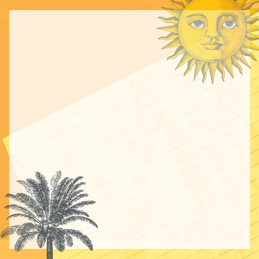 Summer frame with sun and palm tree mixed media, remixed from public domain artworks