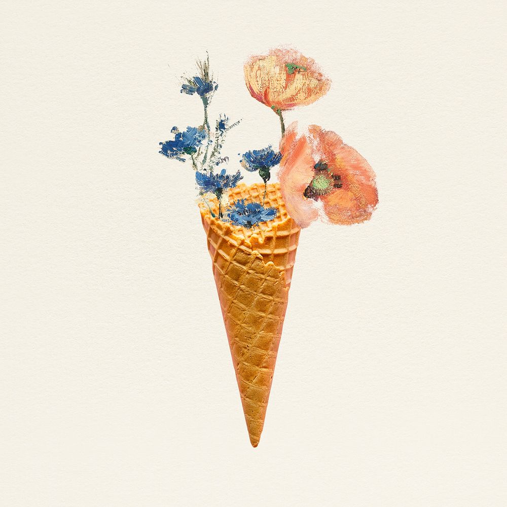 Floral cone illustration, remixed from artworks by Pierre-Joseph Redouté