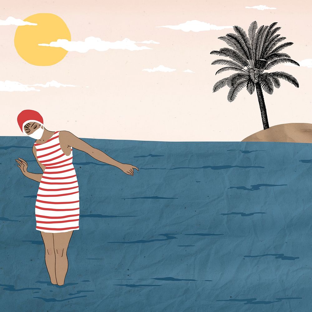 Vintage woman enjoying the sea background, remixed from artworks by George Barbier