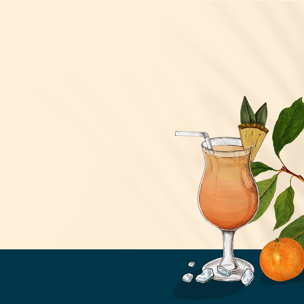 Orange juice background in a glass mixed media hand drawn illustration