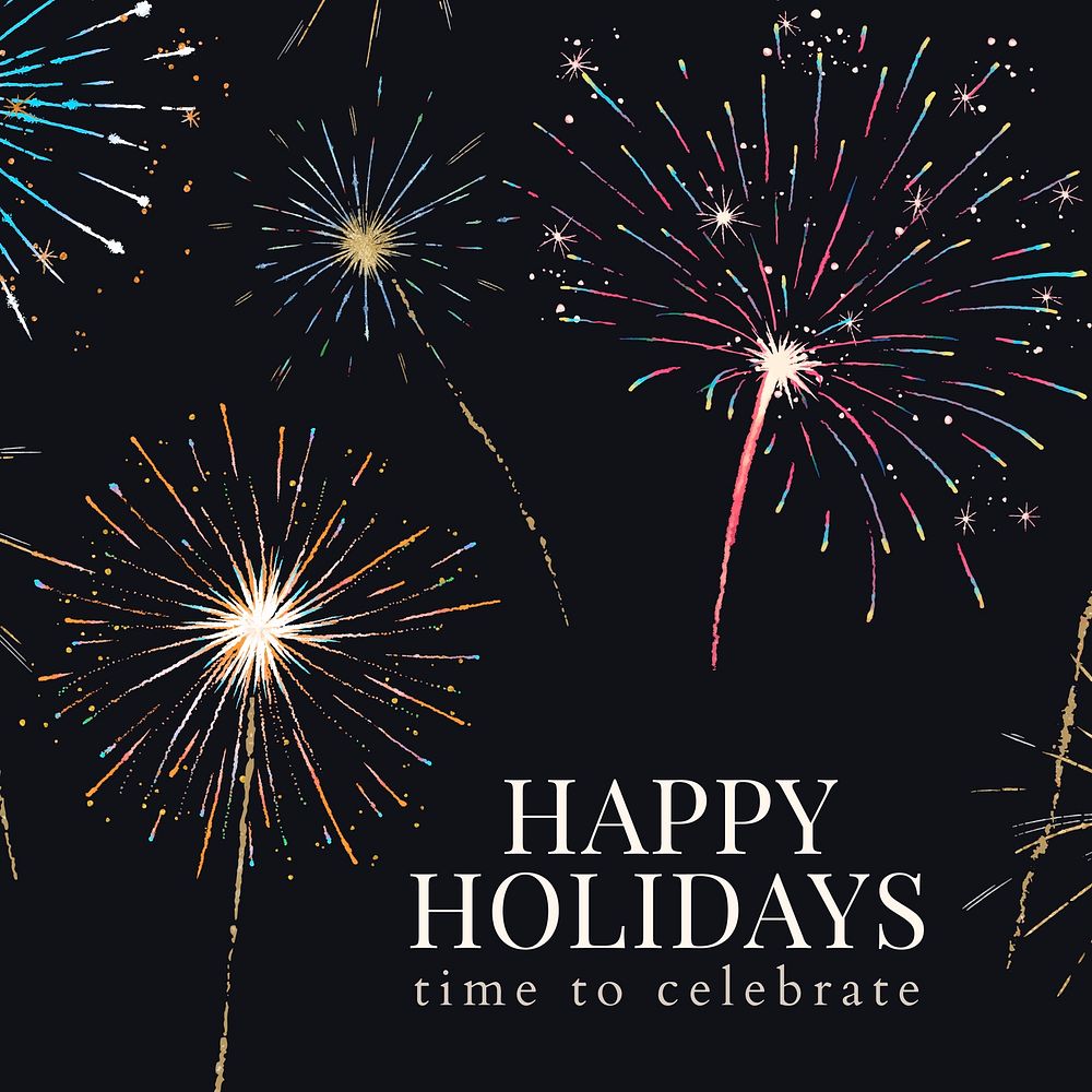 Shiny fireworks template vector for social media post with editable text, happy holidays
