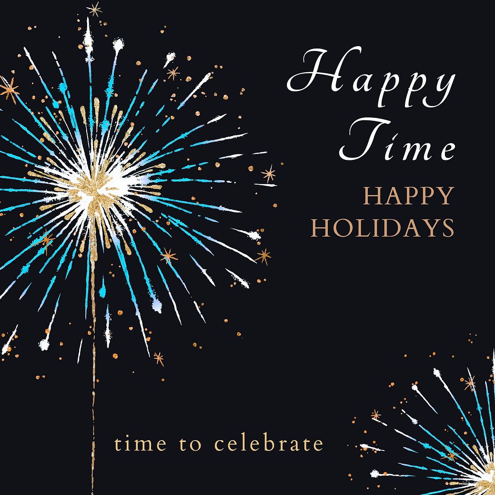 Shiny fireworks template vector for social media post with editable text, happy time