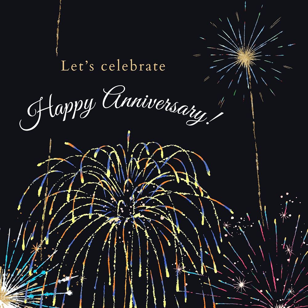 Shiny fireworks template vector for social media post with editable text, happy anniversary