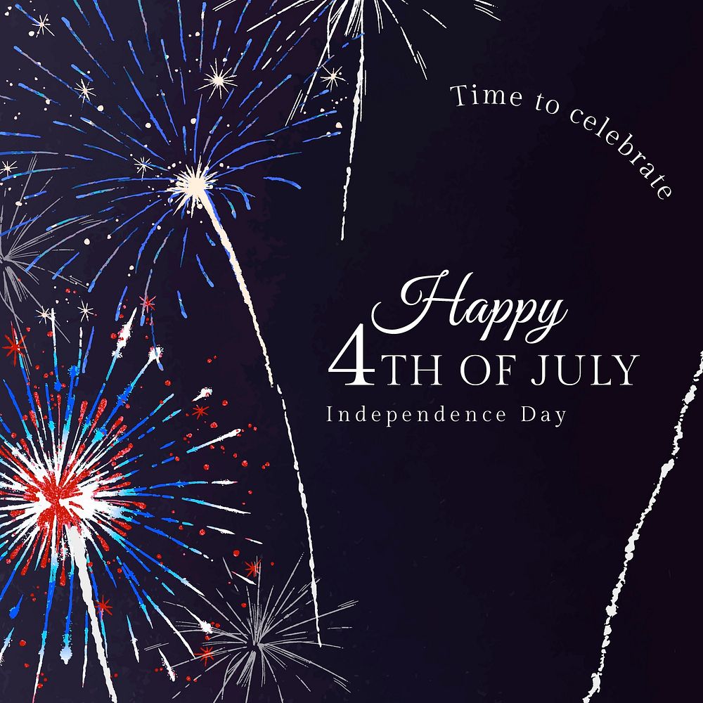 Shiny fireworks template vector for social media post with editable text, happy 4th of July