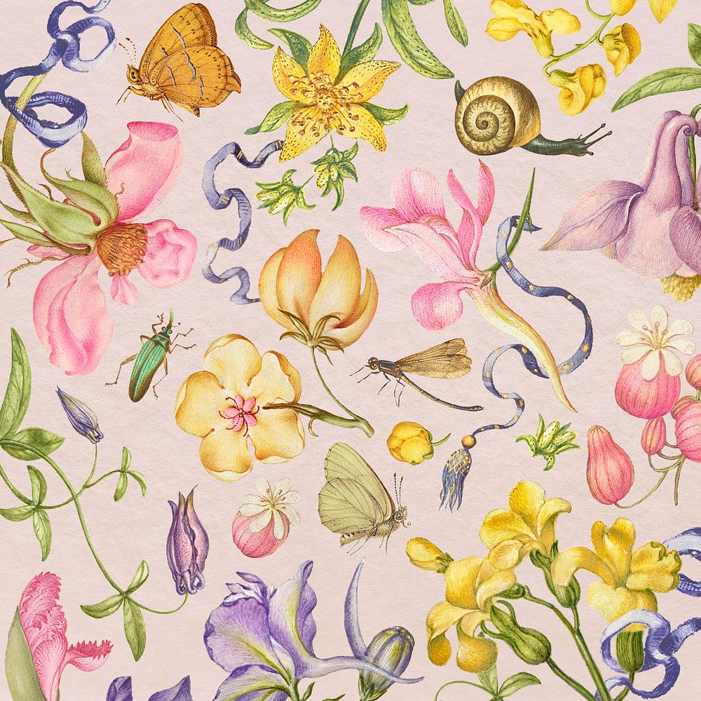 Colorful vintage floral pattern on pink background, remixed from artworks by Pierre-Joseph Redout&eacute;