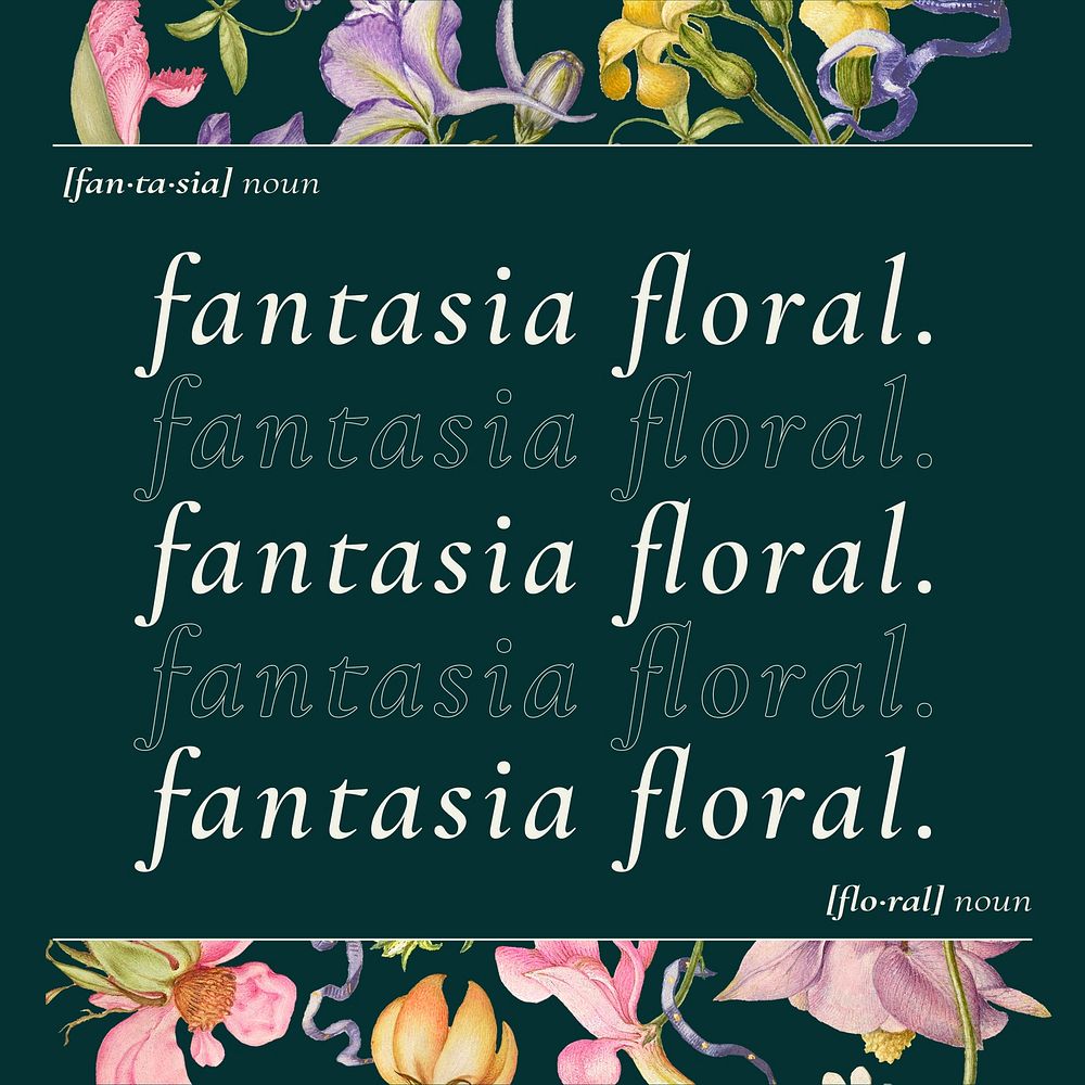Green colorful floral social media post with fantasia definition aesthetic word