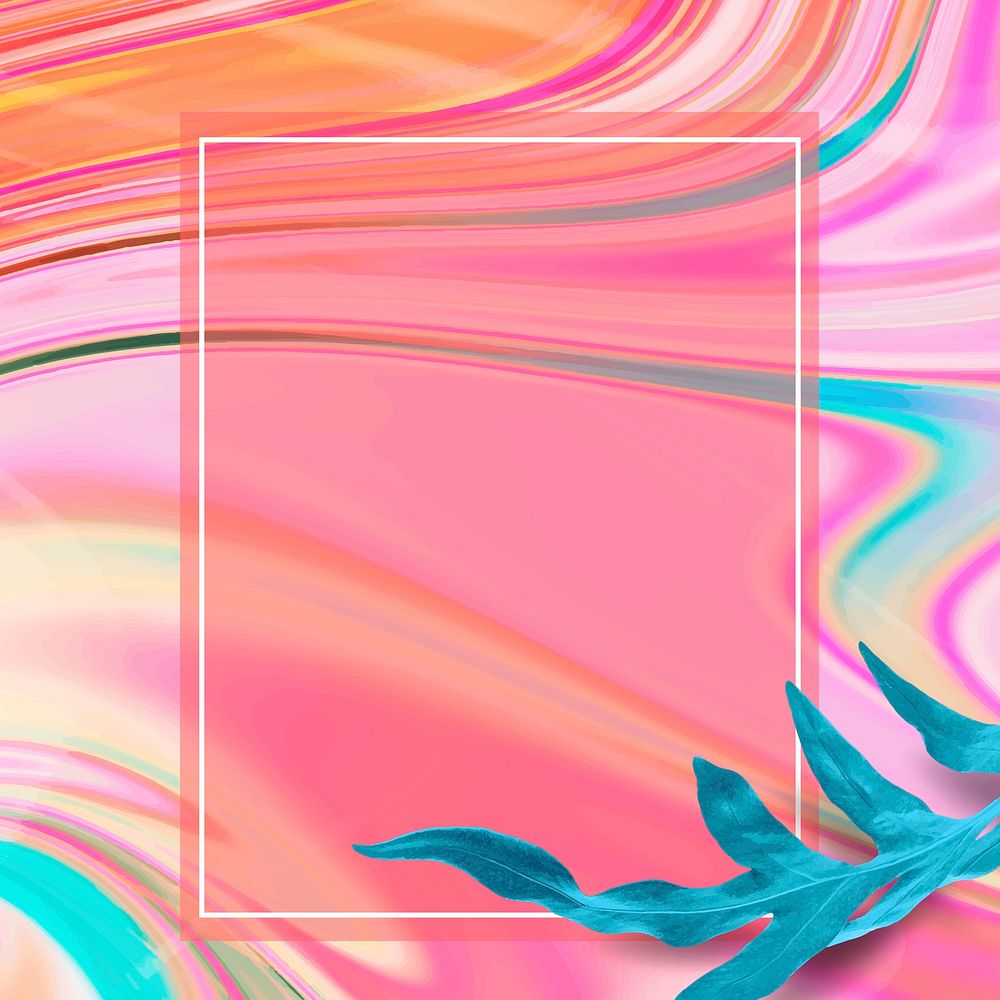 Colorful liquid marble frame vector with leaf